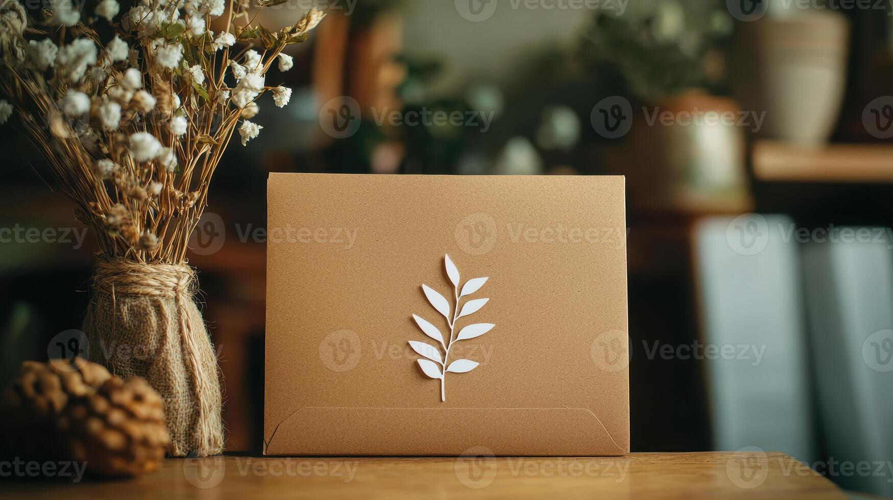 Eco-Friendly Branding. Minimalist Leaf Sticker on Kraft Envelope for Natural Design Projects photo