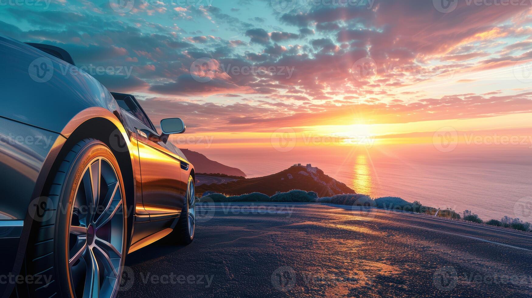 Luxury Car on Coastal Road at Golden Hour with Scenic Ocean Backdrop for Design Use photo