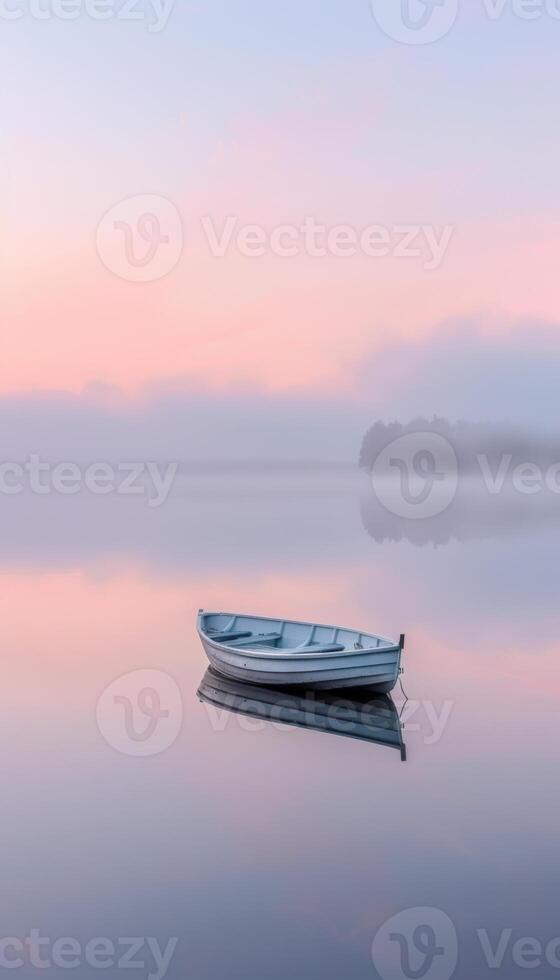 Peaceful Dawn. Serene Boat on Misty Lake Reflecting Pastel Sky - Tranquil Solitude Scene for Prints photo