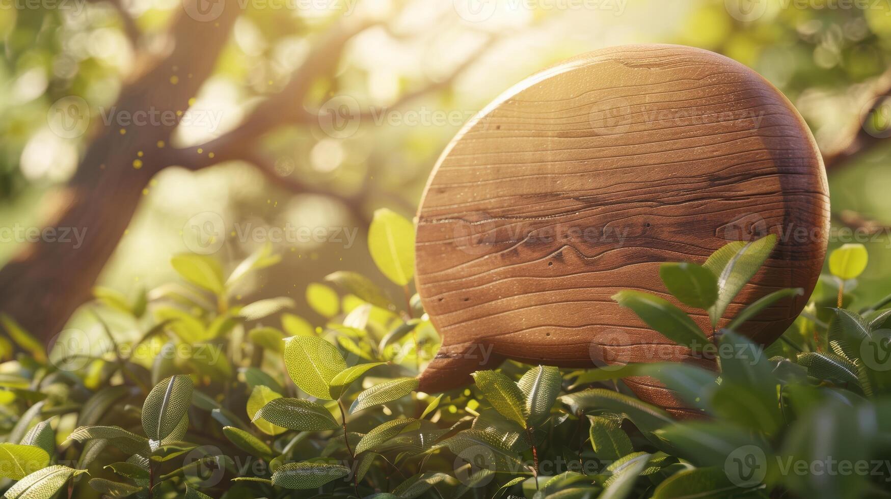 Wooden Speech Bubble in Sunlit Foliage - Nature-Inspired Design for Posters and Cards photo