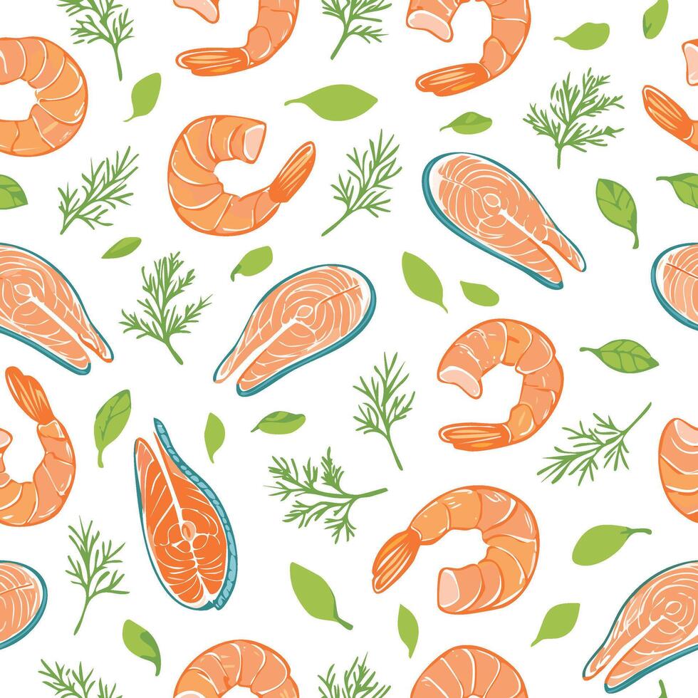 shrimp, salmon and herbs pattern vector