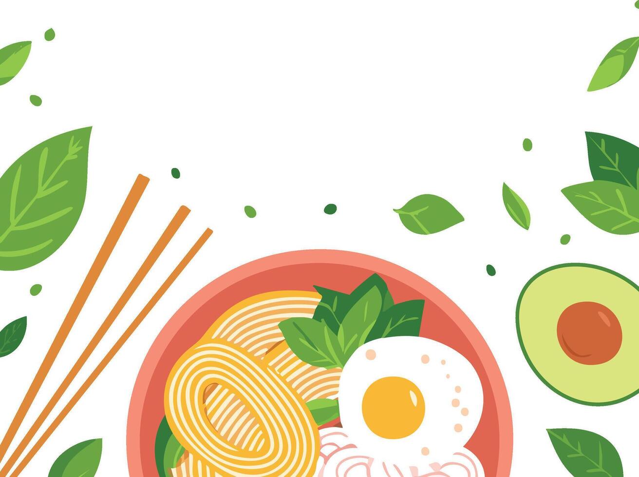 asian noodle bowl with chopsticks and eggs with copy space vector
