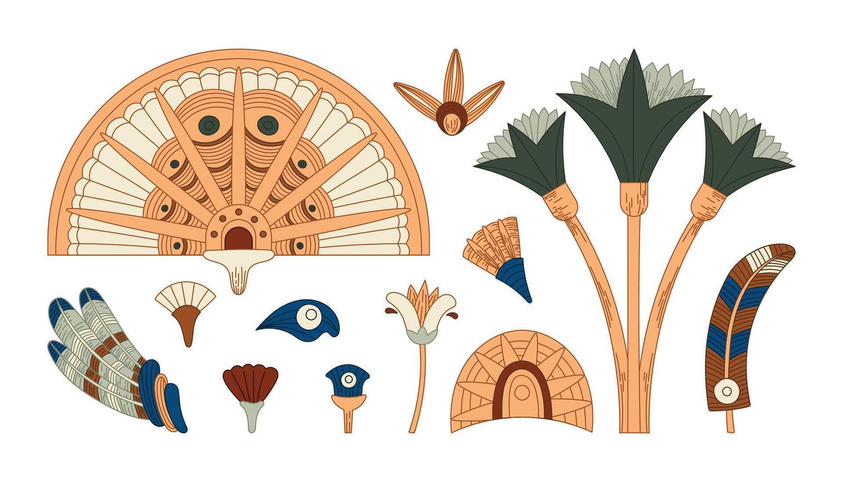 Ancient Egyptian Decorative isolated Elements, Traditional Ornamental Set with Stylized Feathers, Floral Patterns, and Sacred Symbols in a Historical Aesthetic Design vector