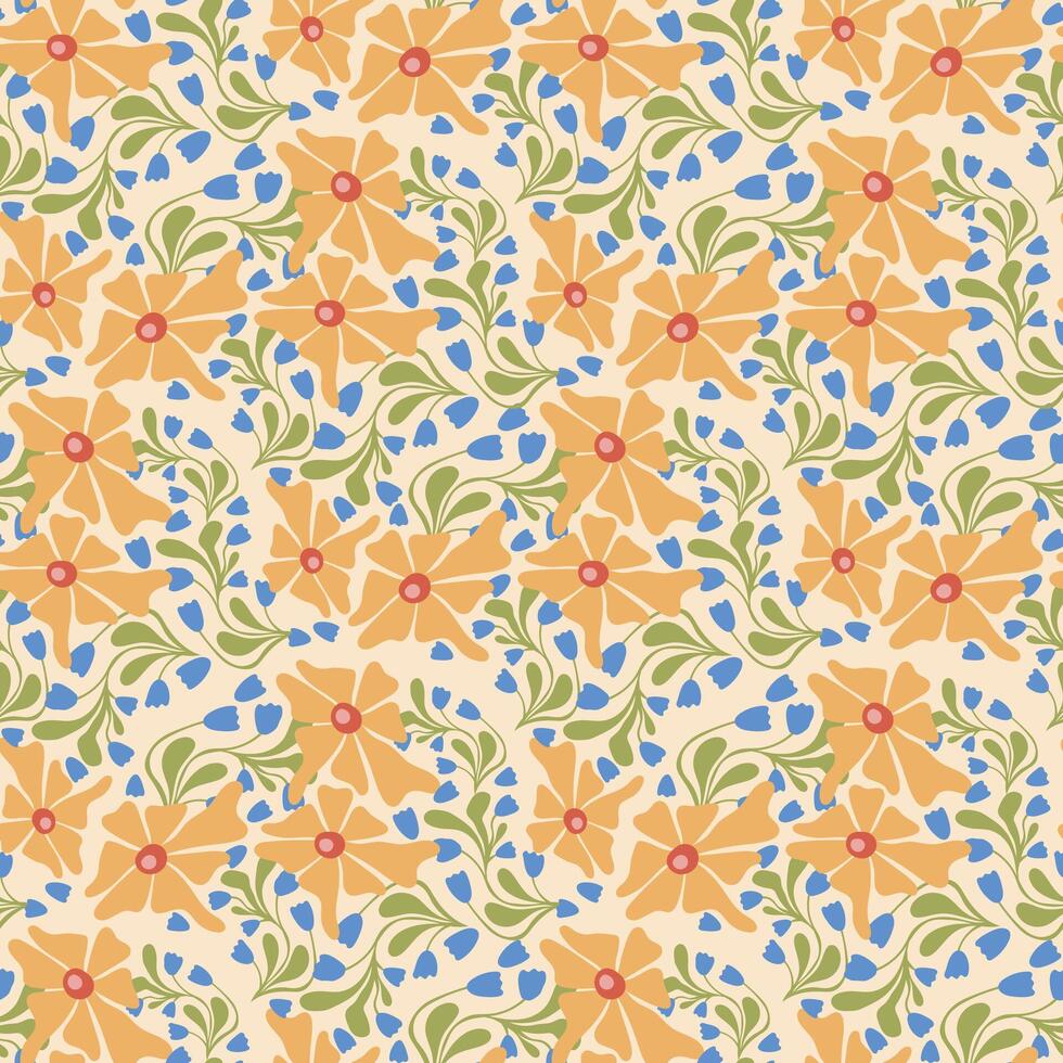 Seamless floral pattern with abstract flowers and leaves. Colorful botanical ornament in folk style with yellow, blue, and green elements. Elegant decorative background for textiles and prints. vector