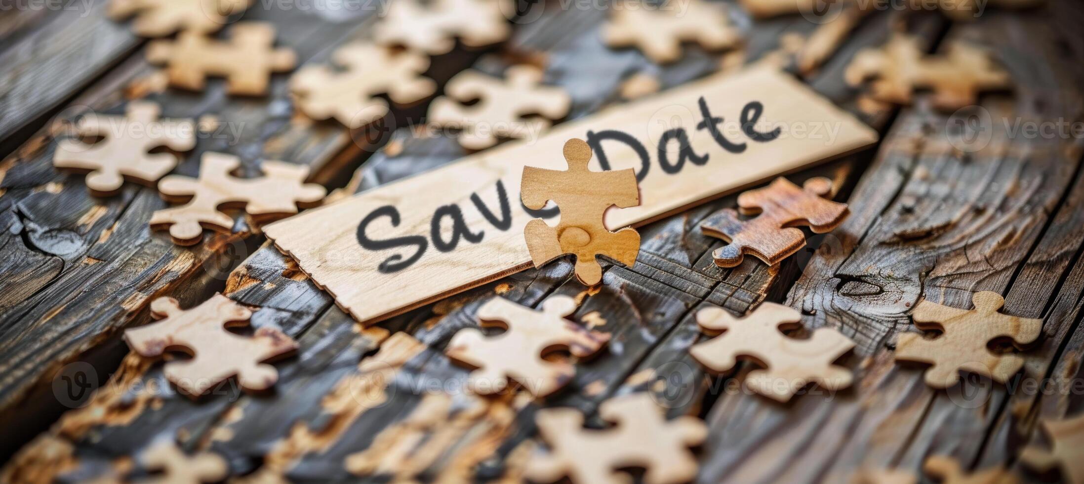 Creative Save the Date Puzzle Invitation on Rustic Wooden Table for Unique Wedding Announcements photo