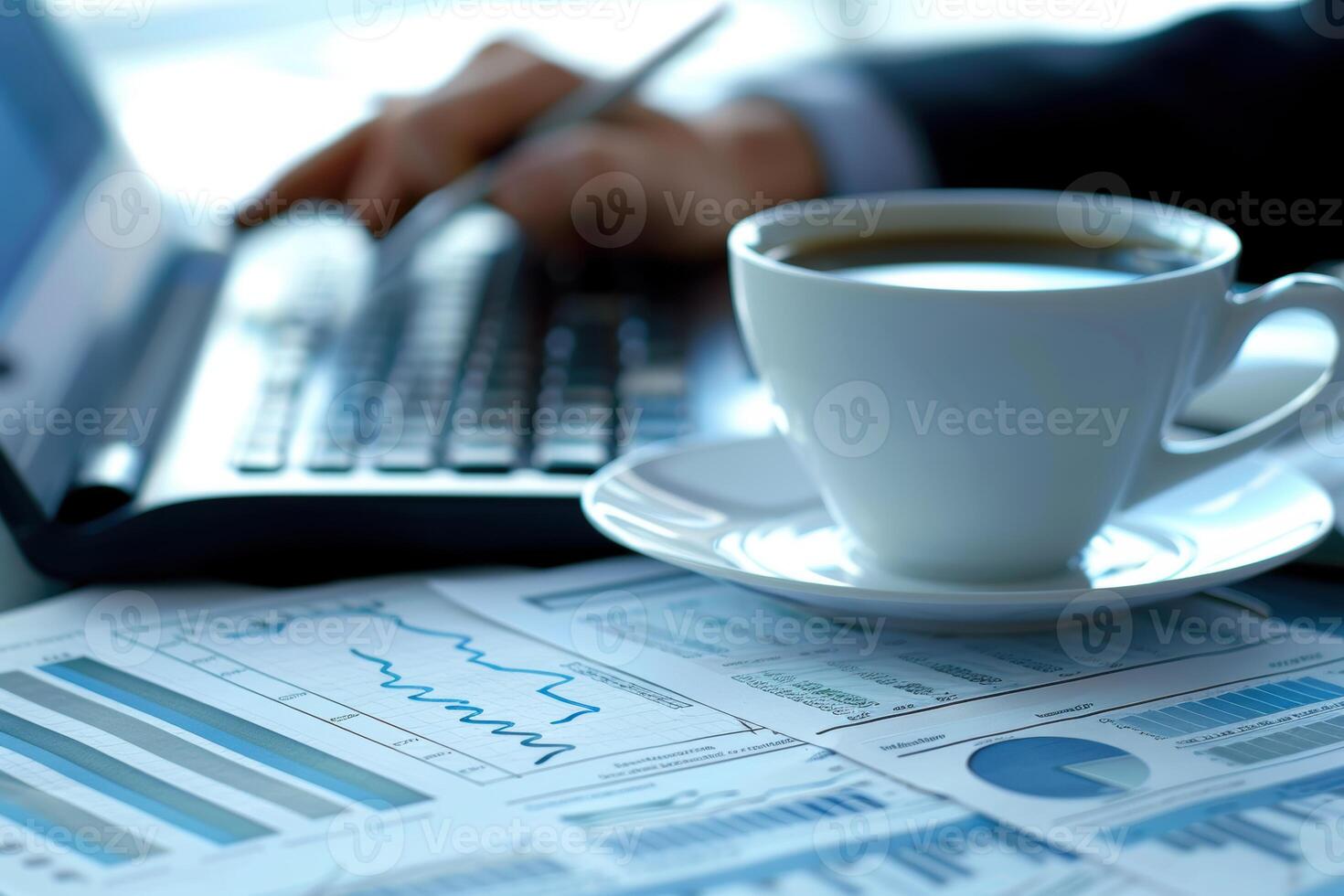 Professional Accountant Analyzing Financial Reports with Charts and Coffee for Annual Review Preparation photo