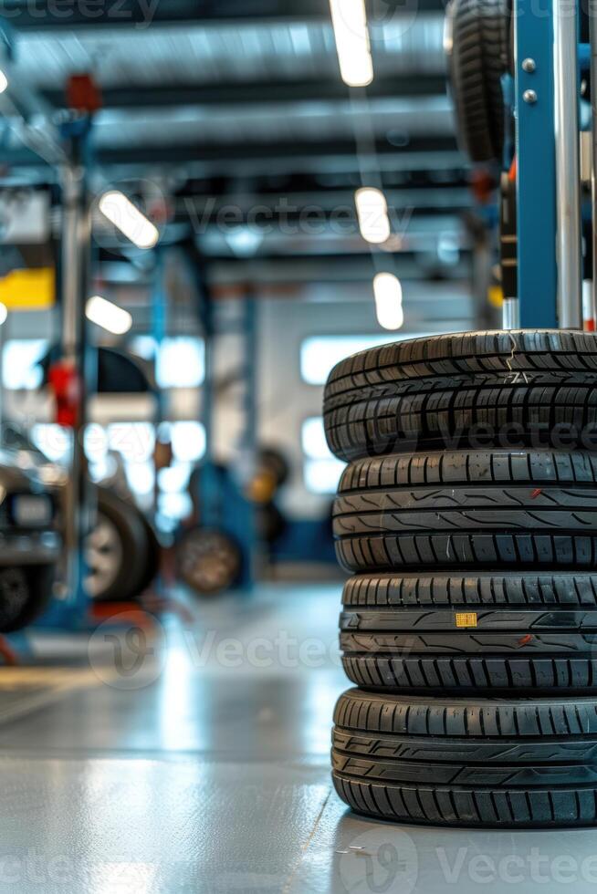Efficient Auto Repair Shop with Neatly Stacked Tires for Installation photo