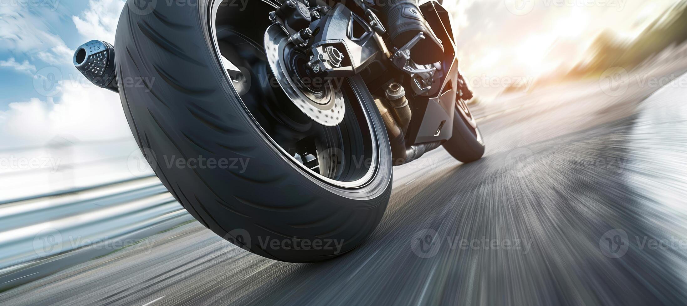 High-Speed Sports Motorcycle Racing with Focused Tire Contact on Highway photo
