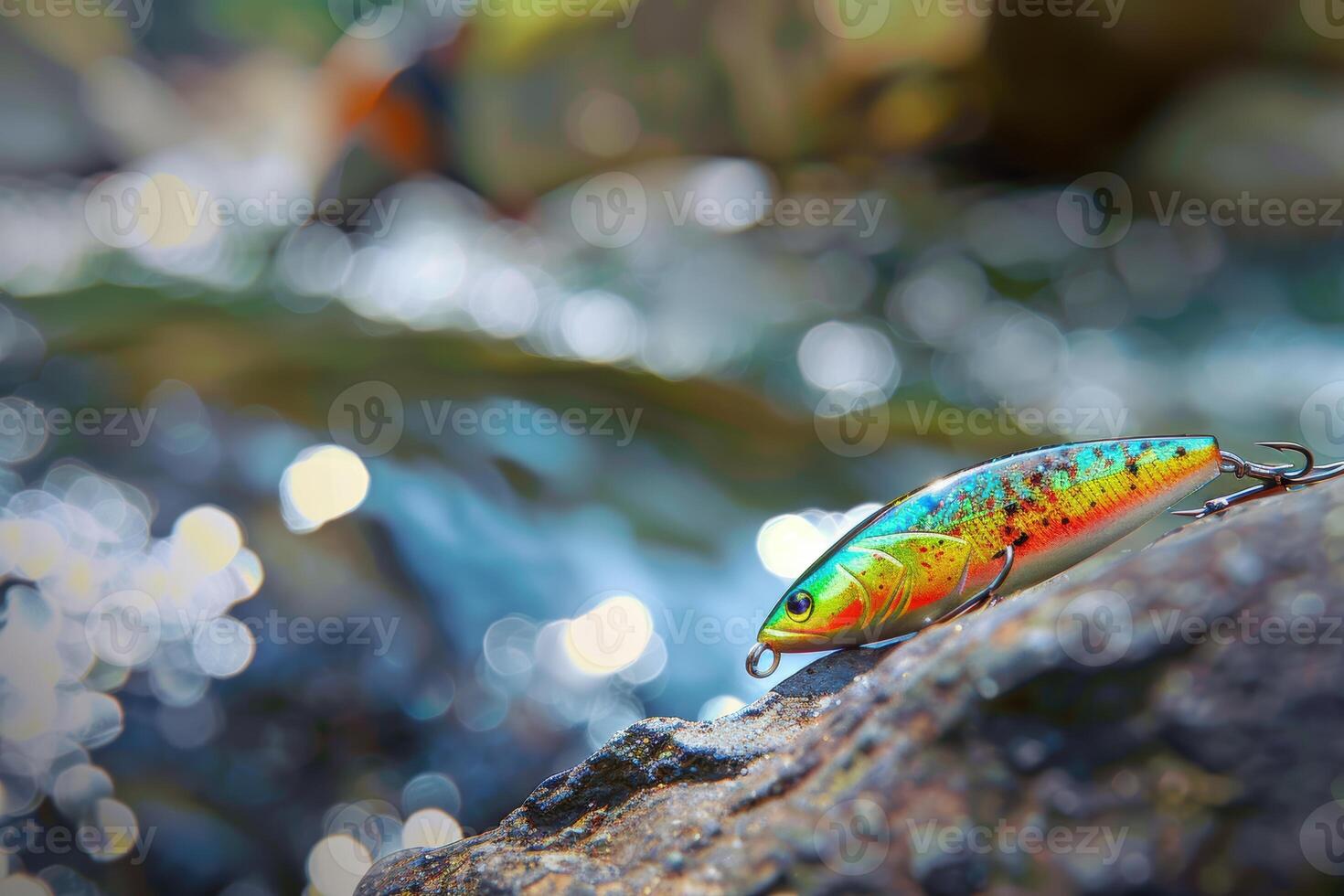 Vivid Fishing Lure on Riverside Rock with Fisherman Casting in Blurred River Scene photo