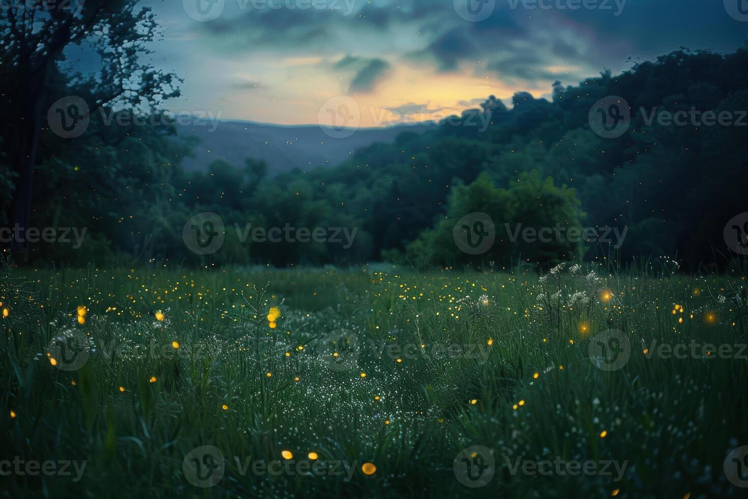 Enchanting Twilight Meadow with Glowing Fireflies - Nature's Magical Evening Scene for Wall Art photo