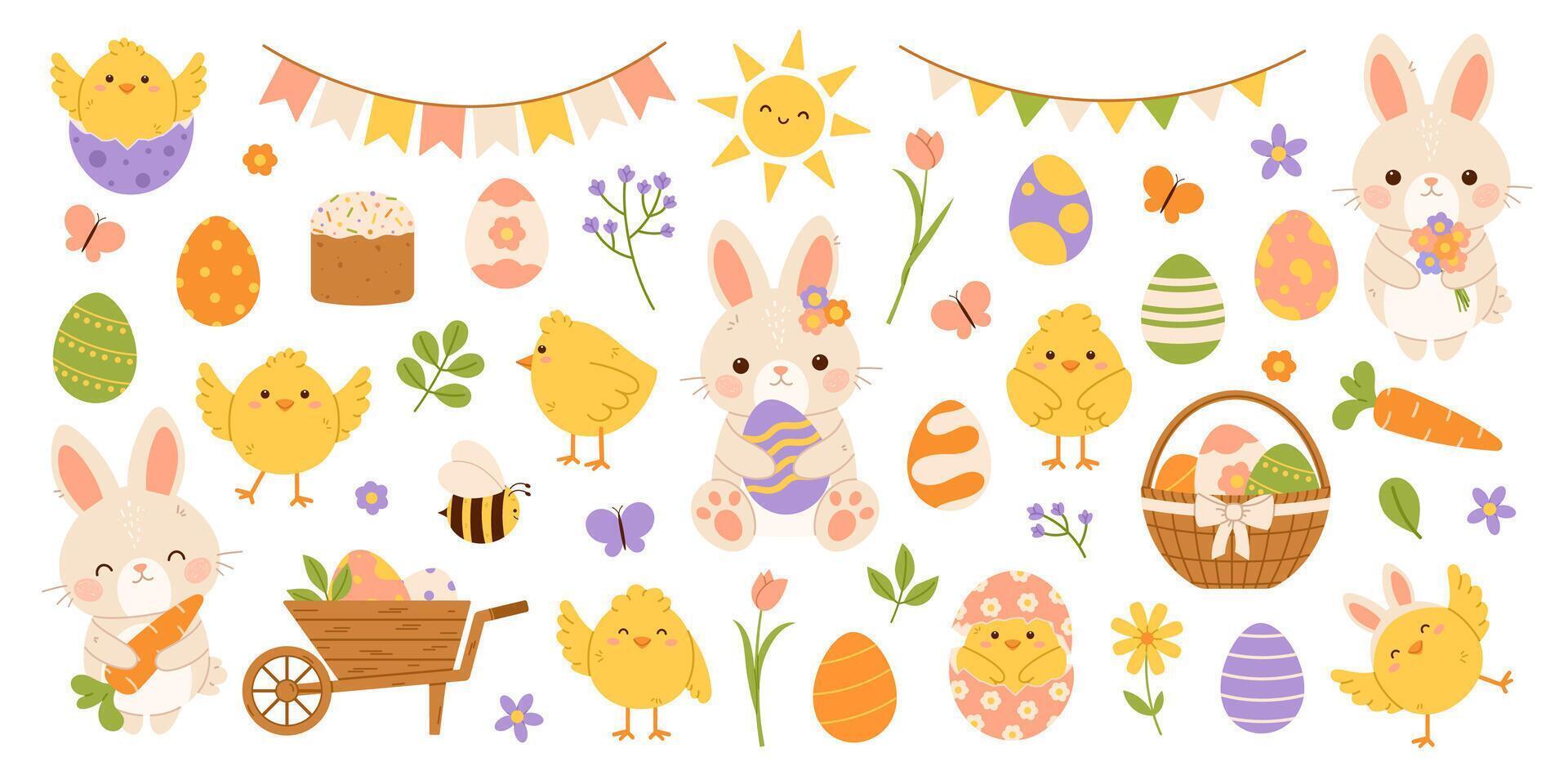 Cute Easter elements set. Easter bunny, chicks and eggs. Flat isolated illustration vector