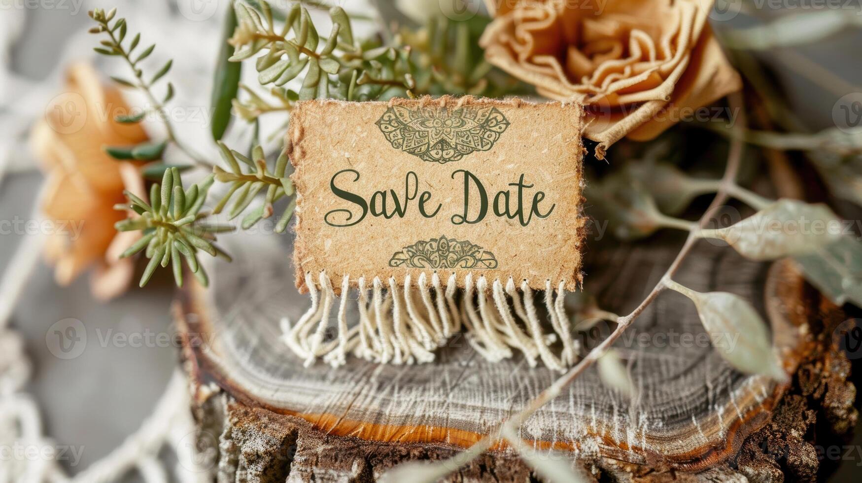 Bohemian Save the Date Card with Mandala Patterns and Earthy Tones for Wedding Invitations photo