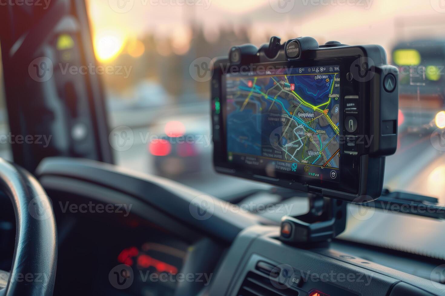 Modern Truck GPS Display Highlighting Routes and Traffic on a Detailed Map at Sunset photo