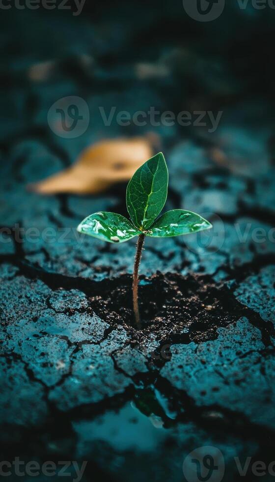 Green Sprout Emerging from Cracked Soil Symbolizing Sustainability and Environmental Harmony photo