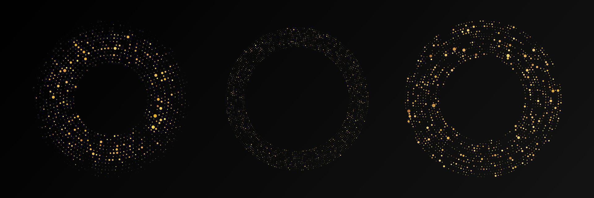 Abstract gold glowing halftone dotted . Set of three gold glitter patterns in circle form. Circle halftone dots. illustration vector
