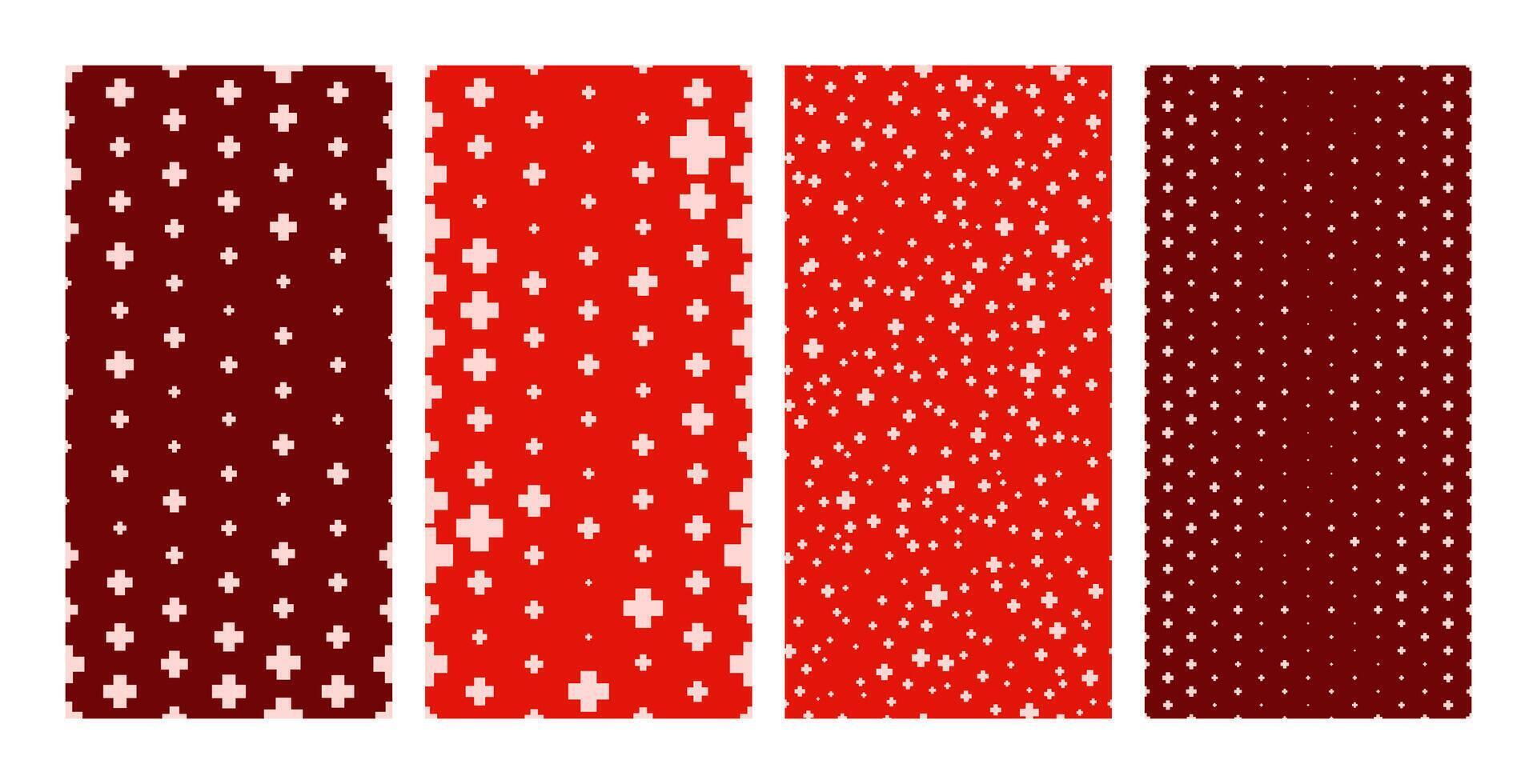 Set of seamless hospital backgrounds with plus symbols. symbol of medicine on a red background. illustration vector