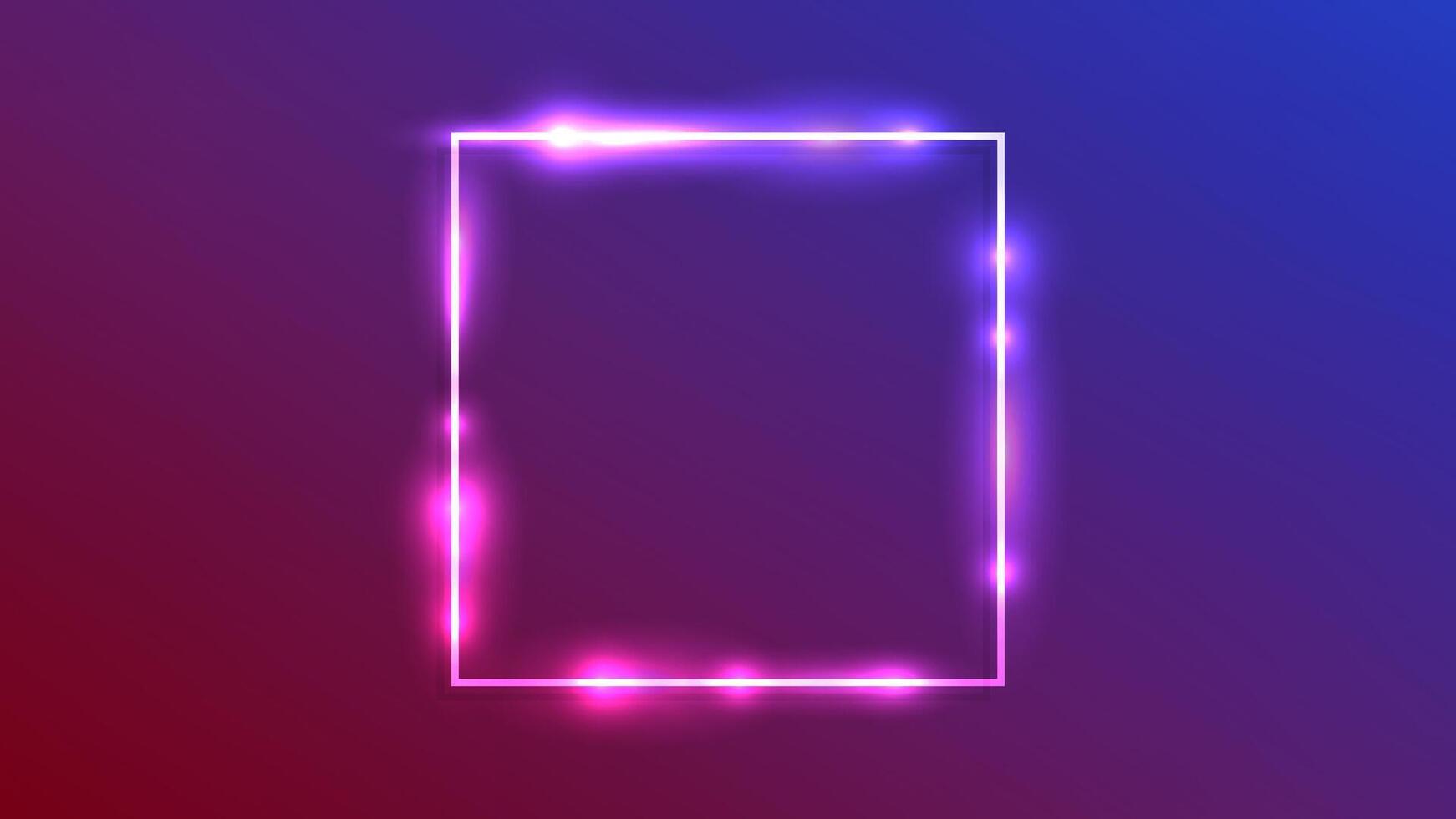 Neon square frame with shining effects on purple background. Empty glowing techno backdrop. illustration vector