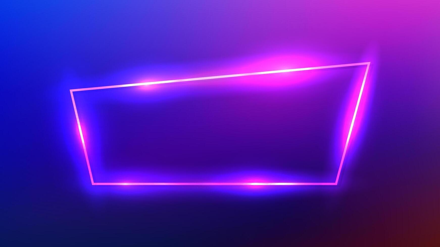 Neon trapezoid frame with shining effects on dark purple background. Empty glowing techno backdrop. illustration vector