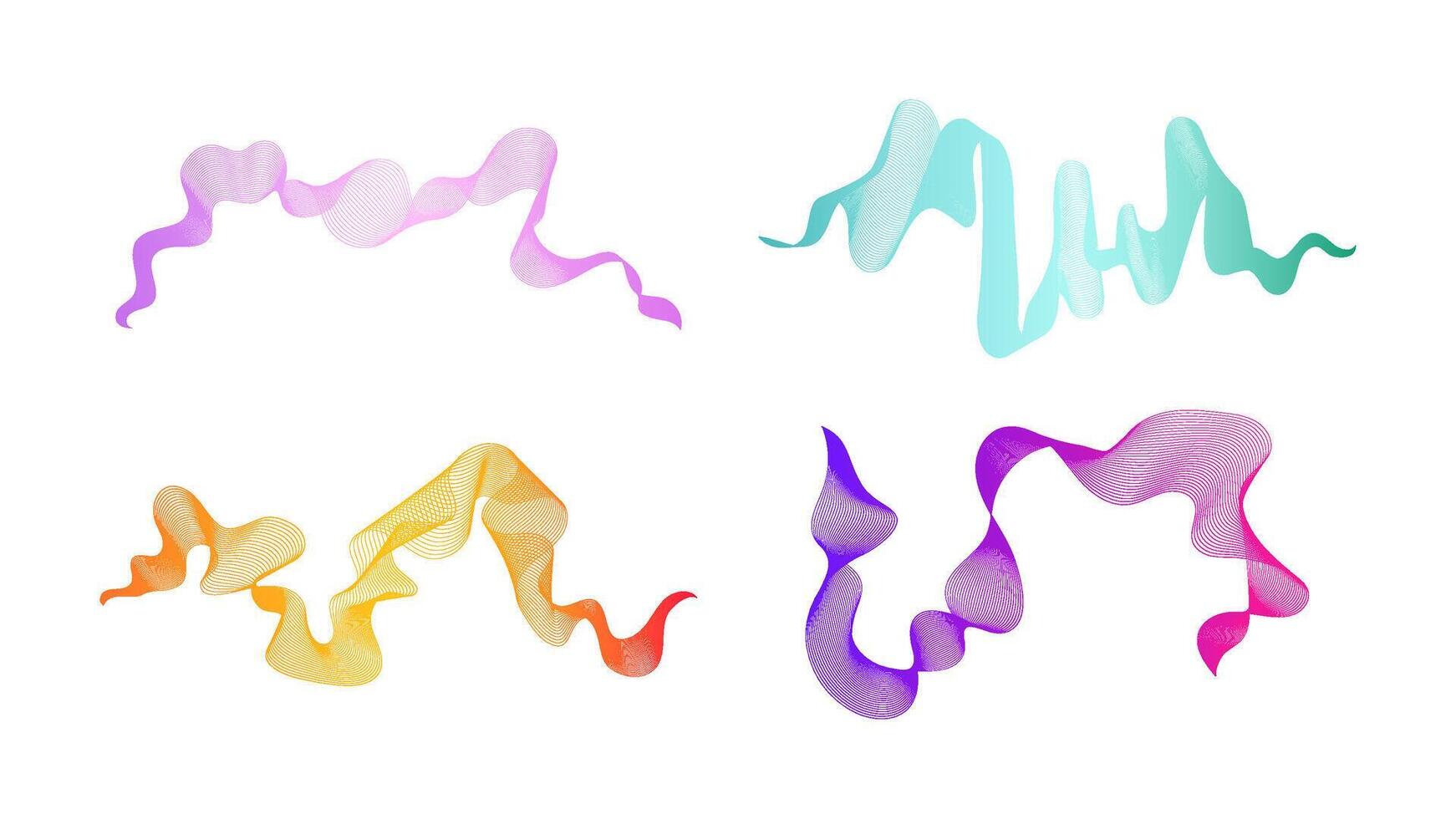 Curved wavy stripes. Set of four abstract colored gradient wave on white background. illustration vector