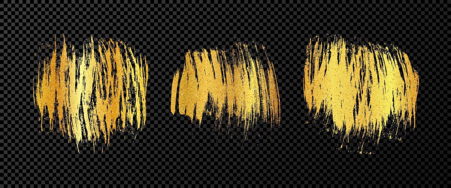 Set of three gold brush strokes. Hand drawn ink spots on dark background. illustration vector