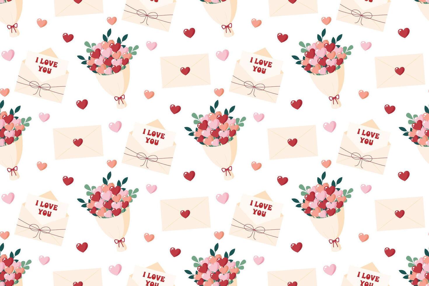 Valentines Day seamless pattern. Flat design with envelope, love letter, bouquet and hearts. illustration vector