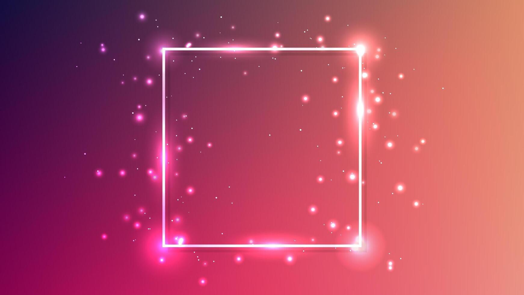 Neon square frame with shining effects and sparkles on red background. Empty glowing techno backdrop. illustration vector