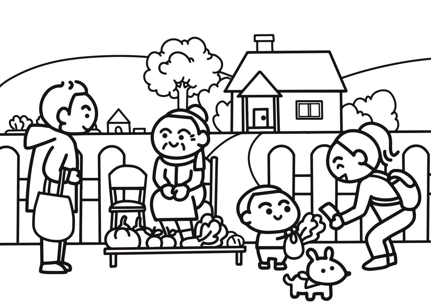 Kid help grandmother sell things coloring pages style. vector