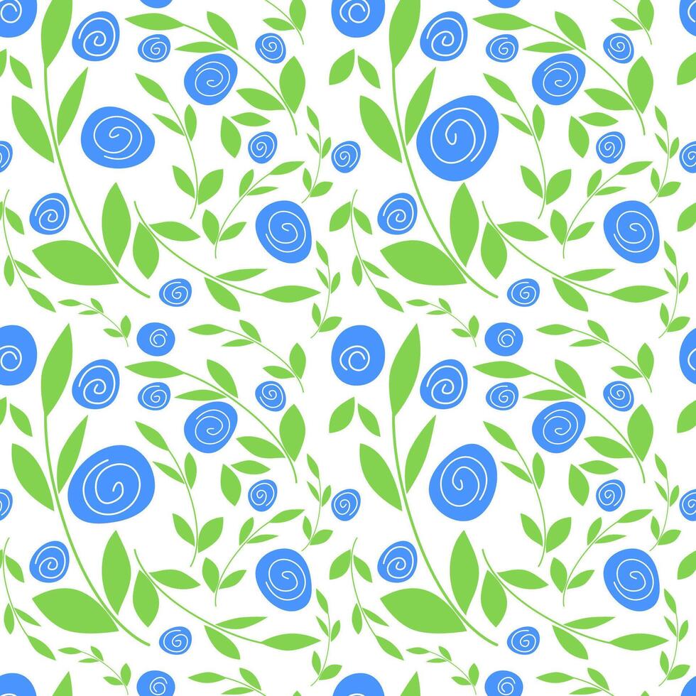 Seamless bright spring or summer floral pattern. Background with small plants, blue myosotis flowers, leaves. vector