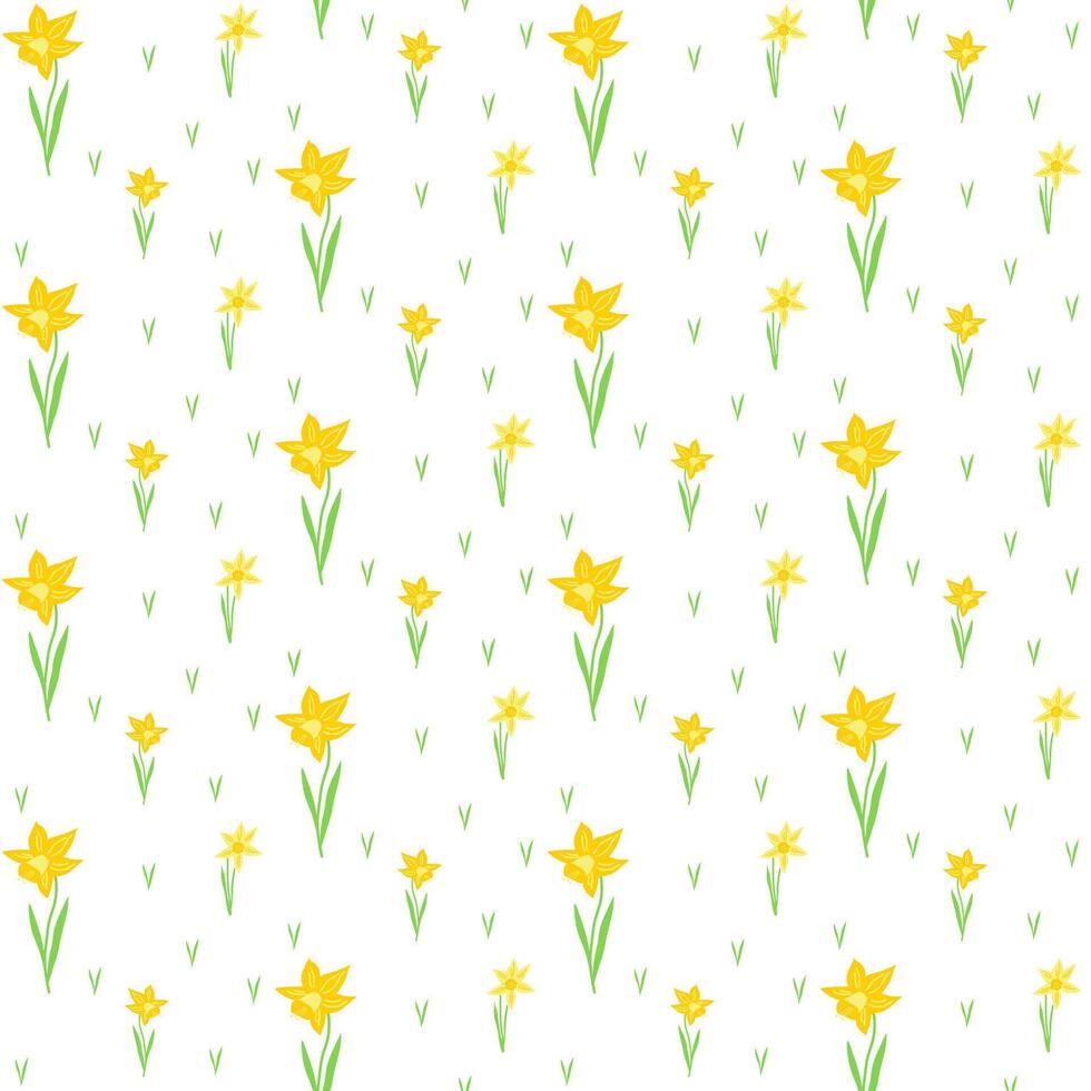 Spring first blooming in a garden flower, yellow daffodil or narcissus, jonquil, hand drawn seamless pattern. vector