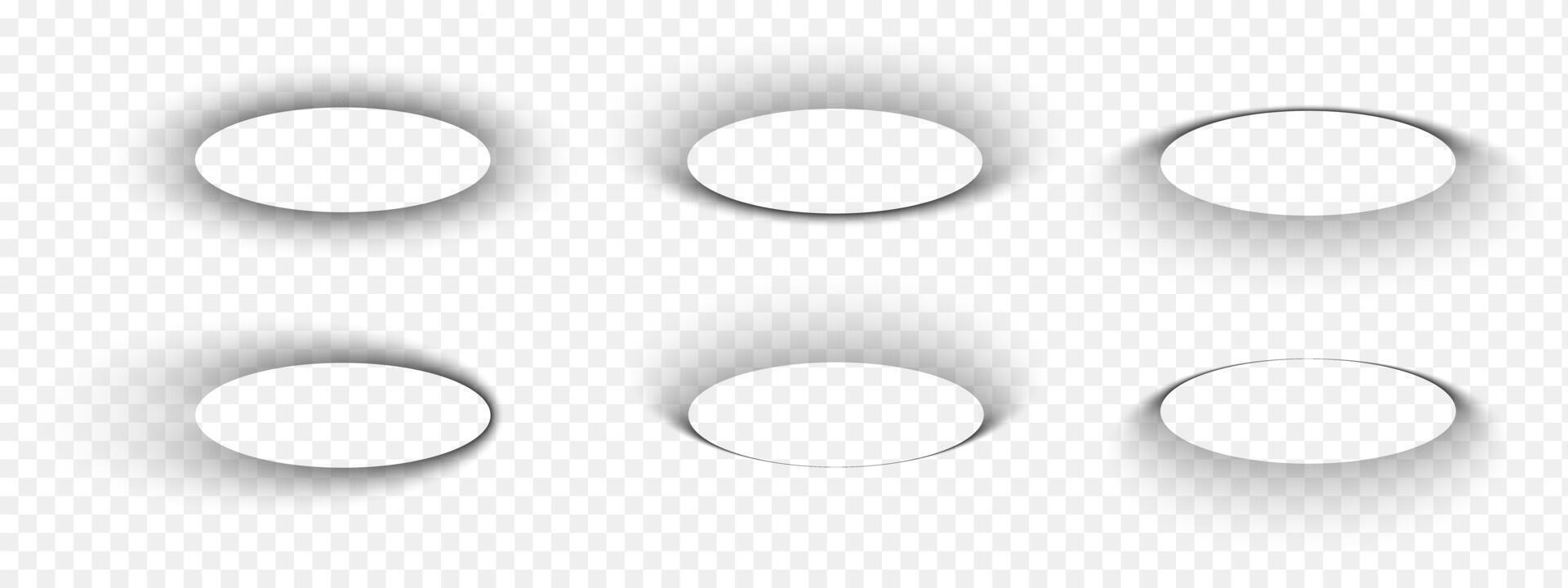 Oval shadows shapes. Elliptical soft overlay effect with dark gradient borders. Empty ellipse shades on floor, paper or page. realistic illustration vector