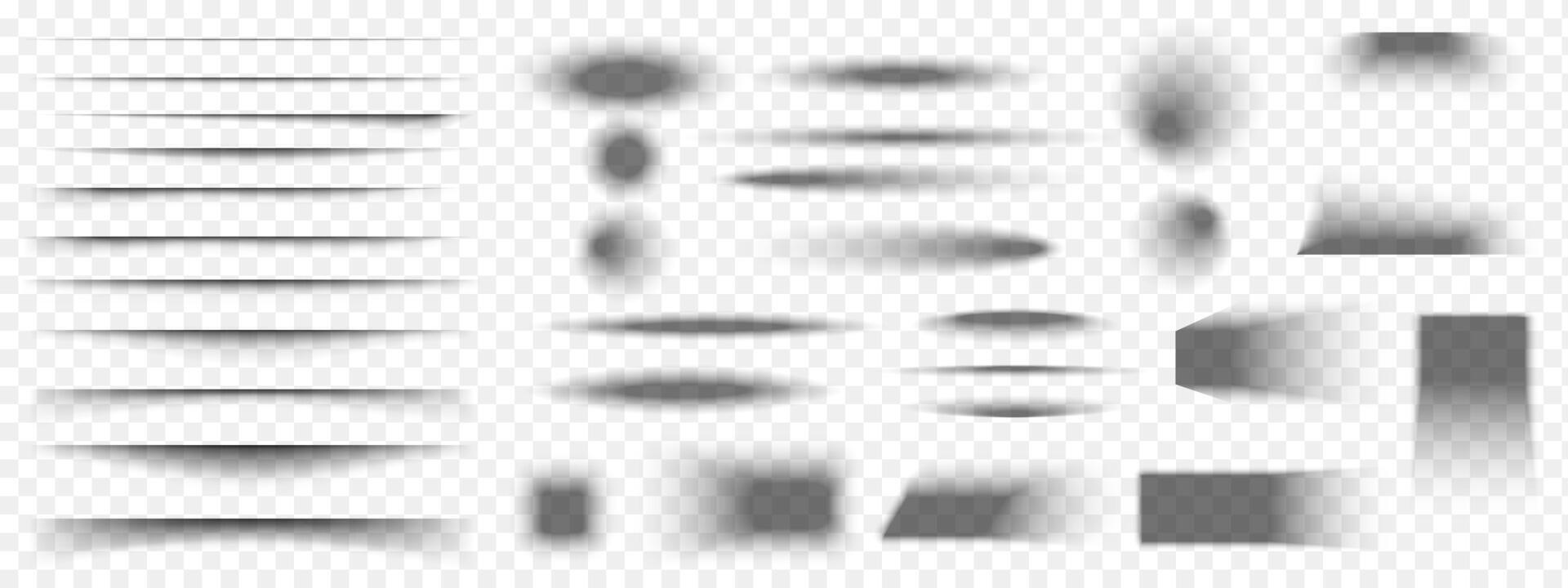 Set of paper or packing box shadow effects. Different realistic soft grey shapes. Divider lines, square and rectangle, round and oval shades. illustration vector