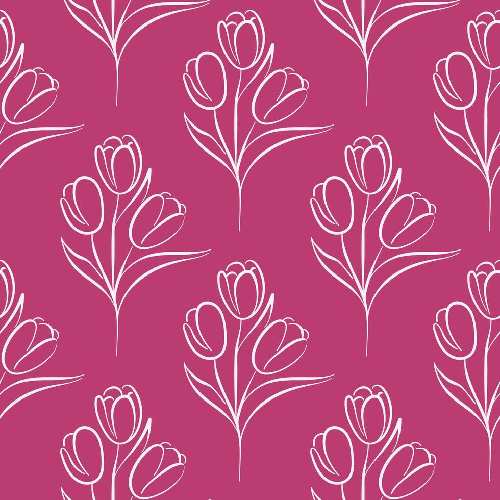 Seamless pattern with tulip flower in line art style on pink background. Floral hand drawn design for textile, wall art, fabric, wedding invitation, cover. vector