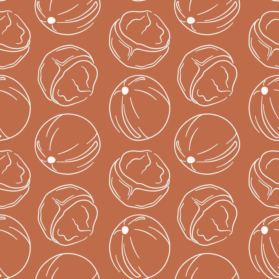 Macadamia seamless pattern in line art style on brown background. Nut hand drawn design for package, merch, wallpaper, menu. vector