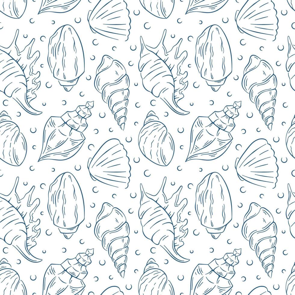Seamless pattern with line art style seashell and ocean element. Perfect for textile, wallpaper, packaging and marine designs on white background. vector