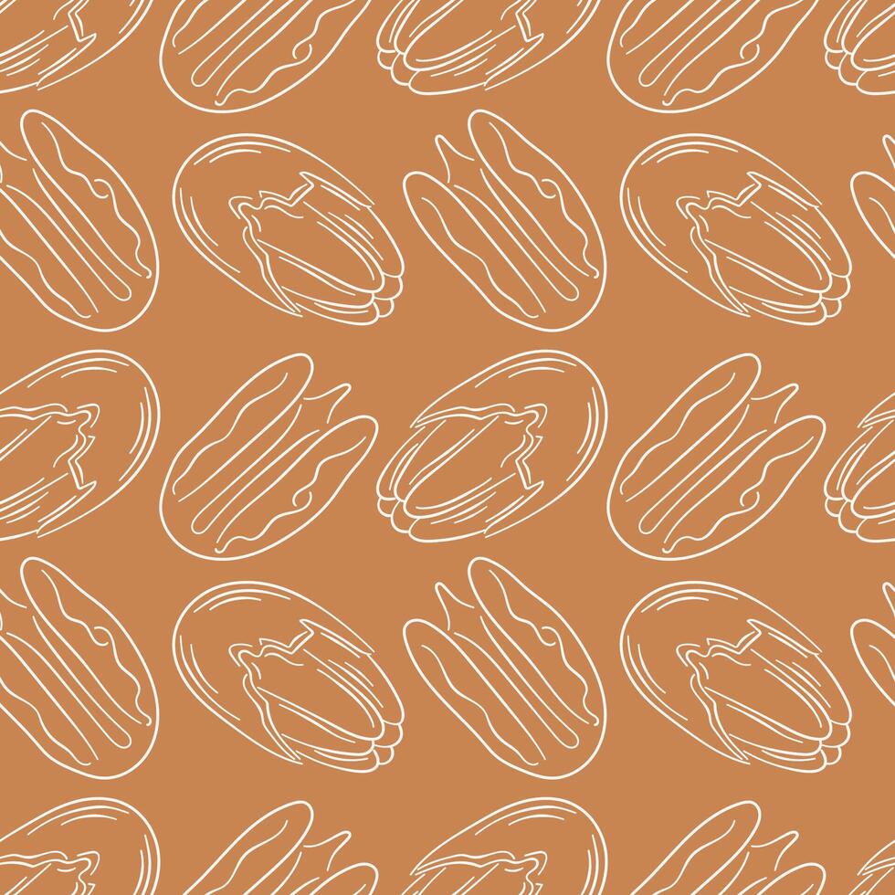Pecan seamless pattern in line art style. Hand drawn vintage print on brown background for food store, menu, textile. vector