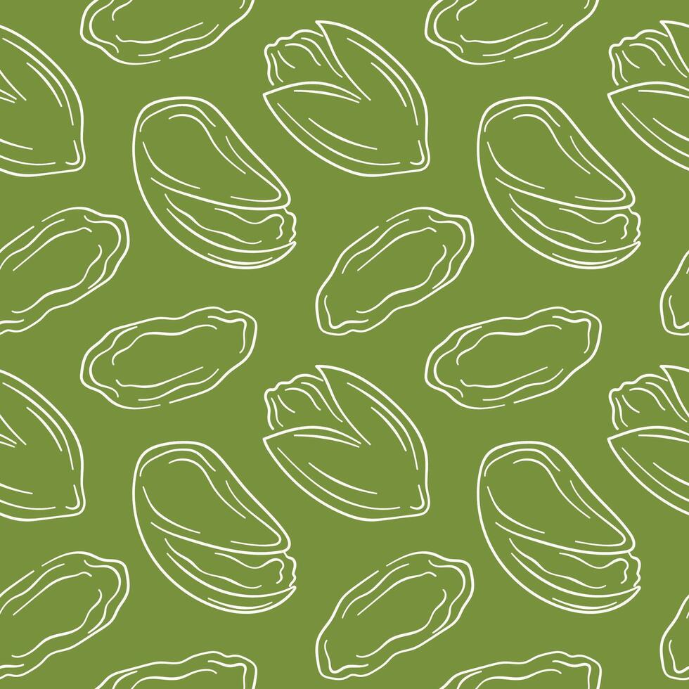 Seamless pattern pistachio in line art style on green background. Hand drawn nut design for card, package, food store. vector