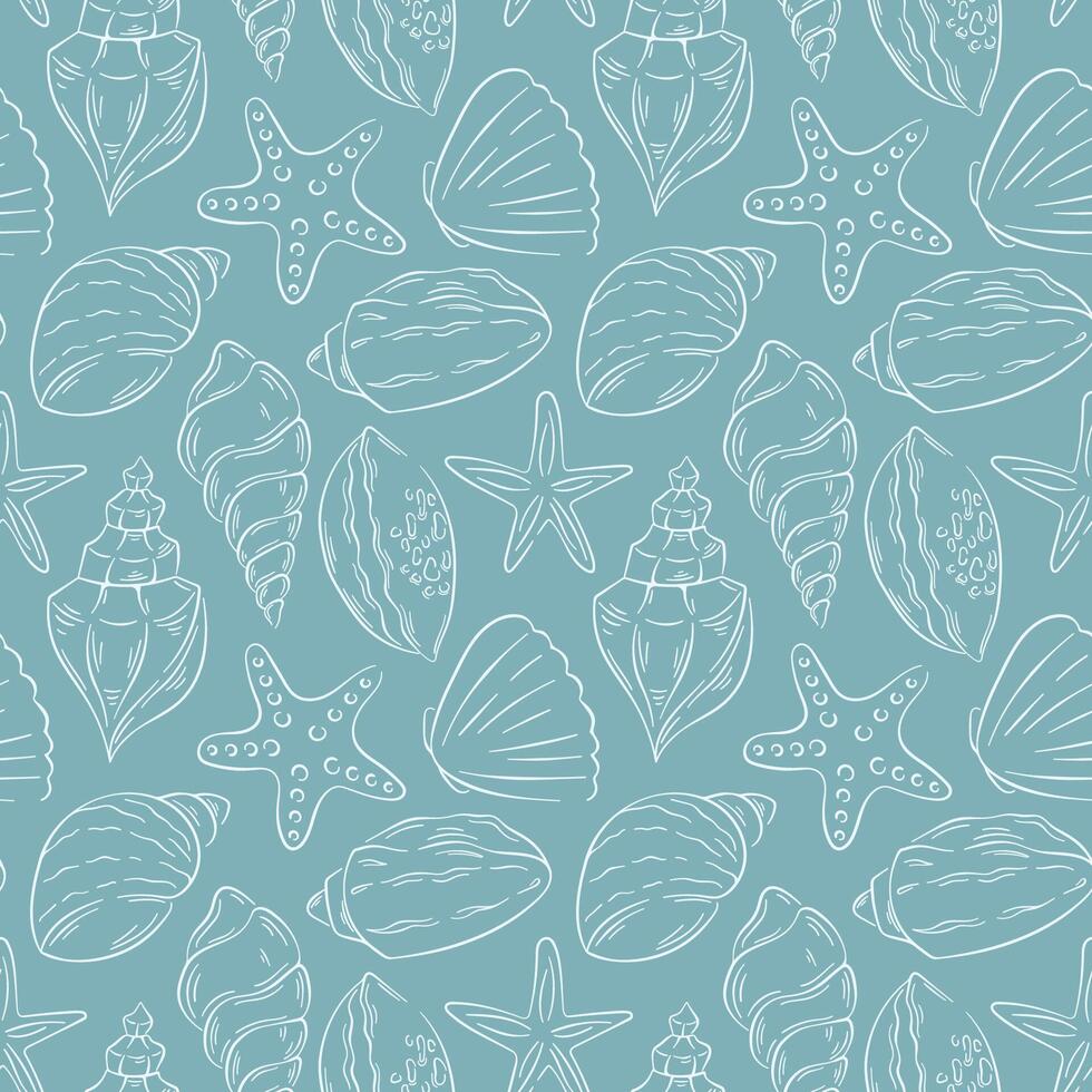 Seashell seamless pattern in line art style on turquoise background. Hand drawn undersea shell repeat texture for summer design. vector