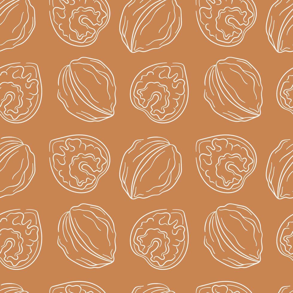 Walnut line art style seamless pattern on brown background. Hand drawn nut illustration for wrapping, fabric, textile, card, menu, food store. vector