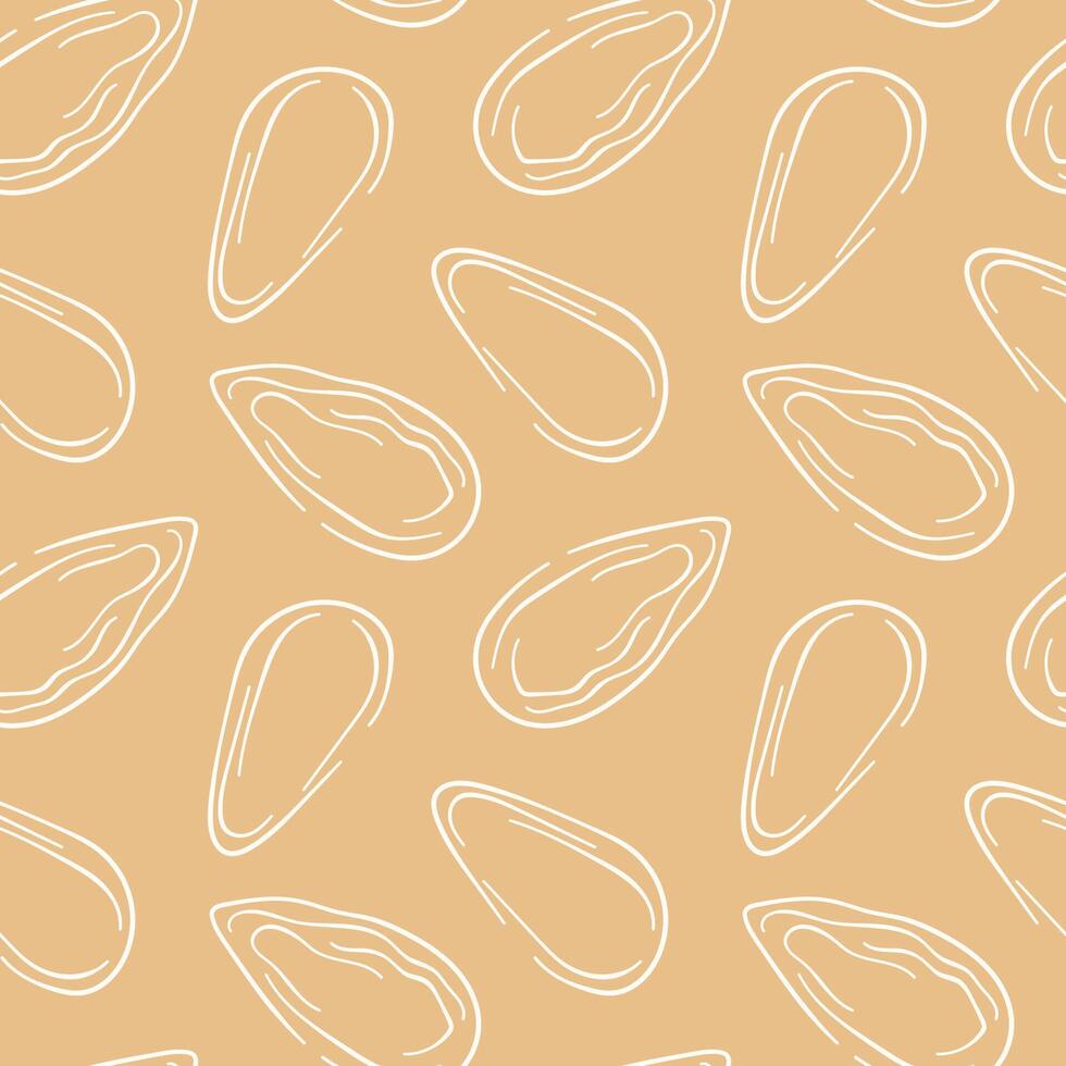 Almond line art style seamless pattern on beige background. Hand drawn design for a grocery store, print, fabric, wrapping paper, menu. vector