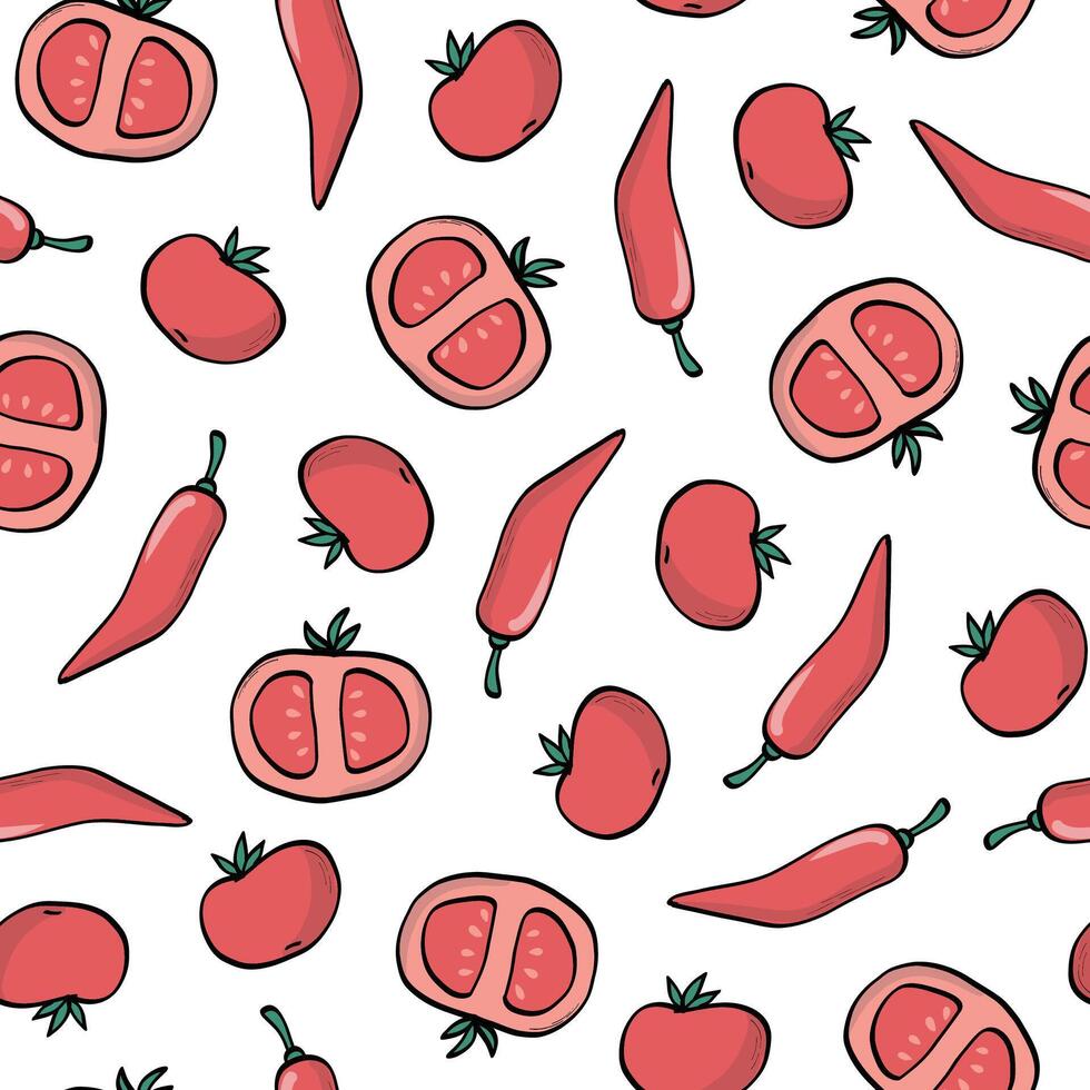 Tomatoes and red peppers seamless pattern for kitchen textile, wallpaper, packaging, product decor, wrapping paper, prints, backgrounds, etc. EPS 10 vector