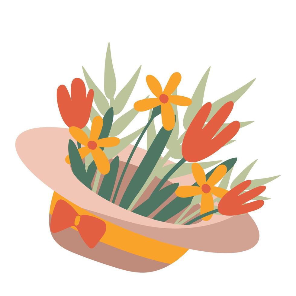 Elegant Floral Arrangement in a Summer Hat Whimsical Spring and Summer Illustration with Flowers and Greenery vector