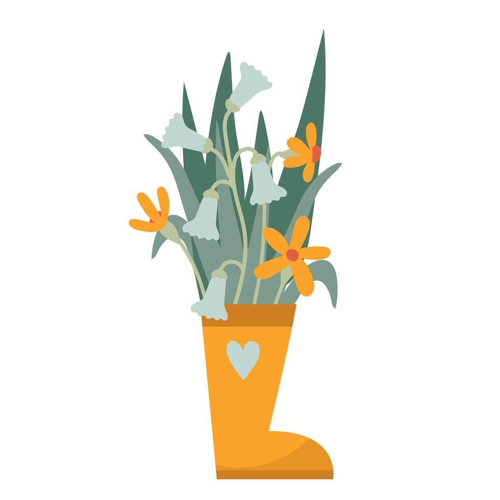 Whimsical Floral Arrangement in Yellow Rain Boot Spring and Summer Decorative Illustration with Flowers and Greenery vector