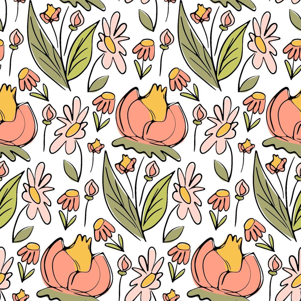 Hand-Drawn Floral Pattern with Delicate Flowers and Green Leaves in a Seamless Botanical Design on White Background vector