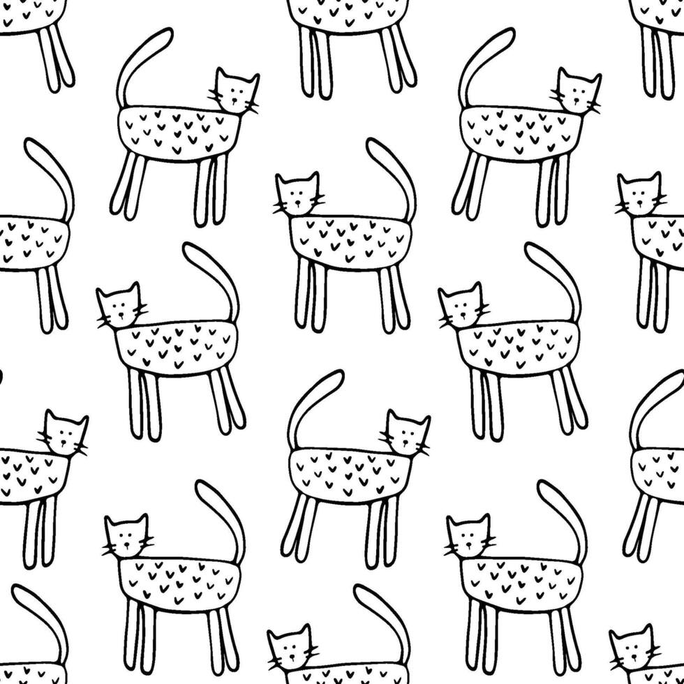 Hand-Drawn Cute Cat Pattern - Playful Minimalist Line Art Illustration of Whimsical Feline Sketches on White Background vector