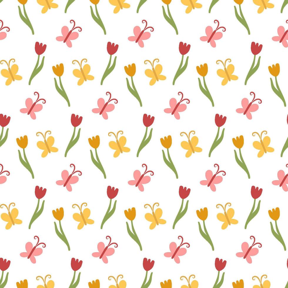 Seamless Floral and Butterfly Pattern with Tulips Spring-Inspired Botanical Design for Fabric, Wallpaper, and Digital Backgrounds vector