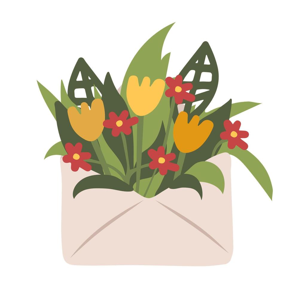 Elegant Floral Envelope with Tulips and Wildflowers - Beautiful Botanical Arrangement for Greeting Cards, Invitations, and Decorative Designs vector
