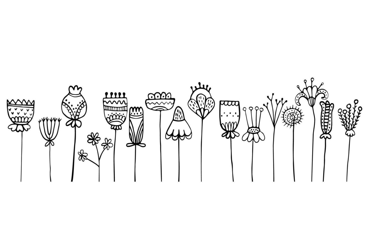 Hand-Drawn Botanical Line Art Abstract Floral Doodle Pattern with Various Stylized Flowers on White Background vector