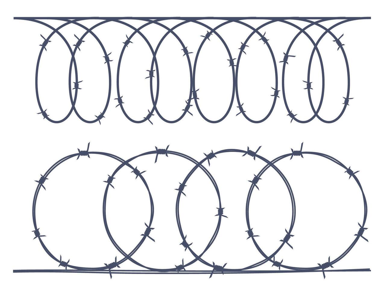 Barbed wire border, sharply barb wire fencing. Prison barbed wire. Twisted steel protective barrier with spikes. Design for military, secure object, prison. illustration. vector