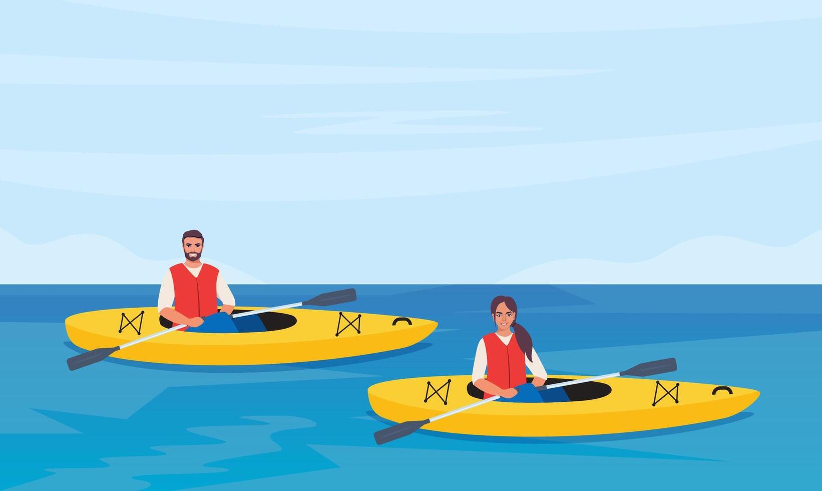 Man and woman rowing with paddles in kayak, side view. Man and woman in life jackets rafting in sports boat with oars. Extreme water activity. illustration. vector