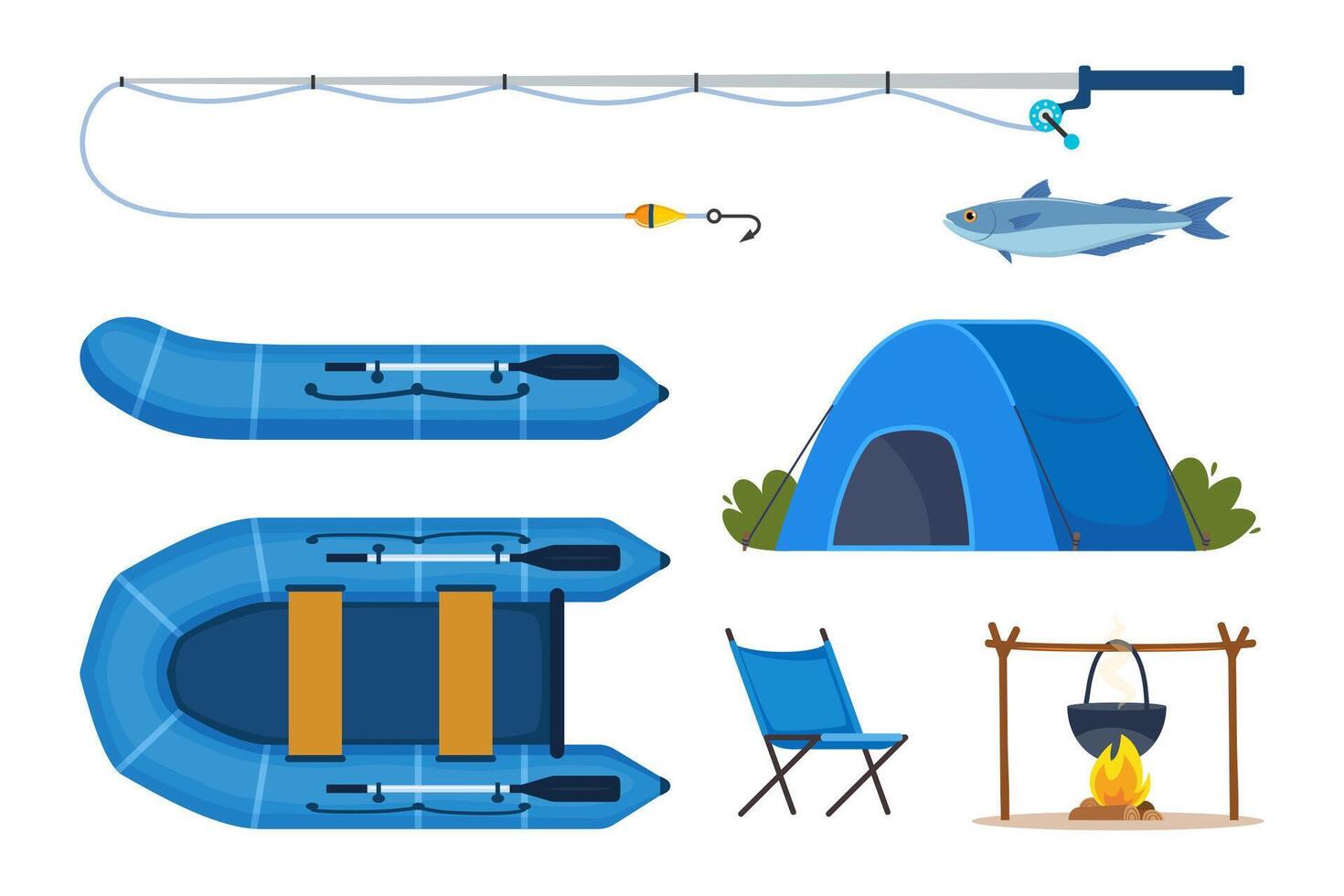 Tools for fishing. Fishing rod, float, inflatable rubber boat, landing net, fishers clothes, hook, fish, hat, flashlight, boots. Outdoor activity, recreation, hobby. illustration. vector